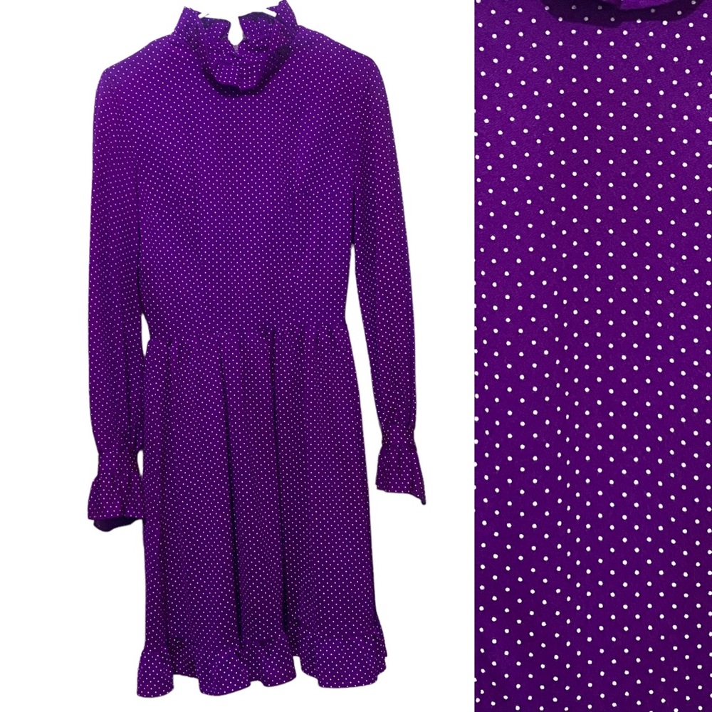 70s Vintage Hippie Boho Swiss Polka Dot Ruffle Neck Shift Dress